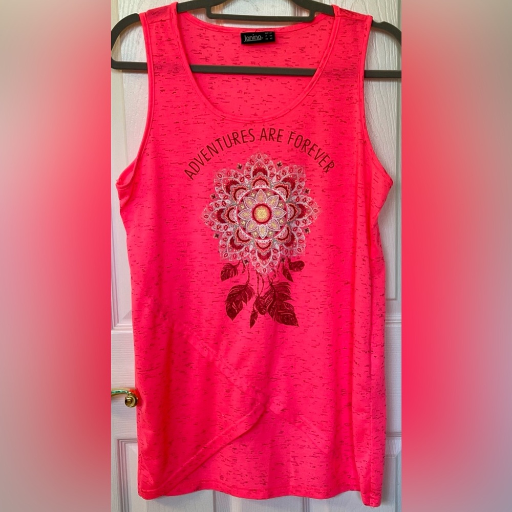 NWOT Janina Sz L Hot Pink Colored Tank Top Bling Adventures Are Forever Floral l